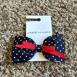 Janie and Jack Navy Polka Dot Bow, Red Ribbon Accent, New